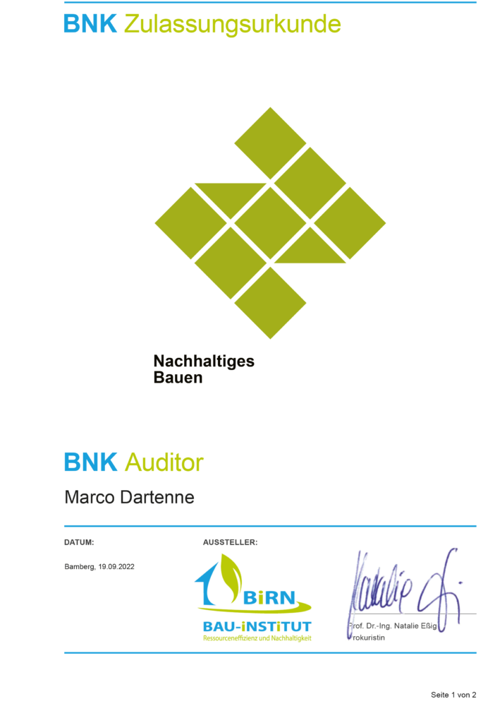 BNK Zulassungsurkunde Nachhaltiges Bauen