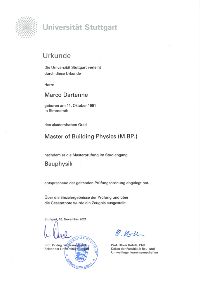 Urkunde der Universität Stuttgart für akademischen Grad Master Bauphysik
