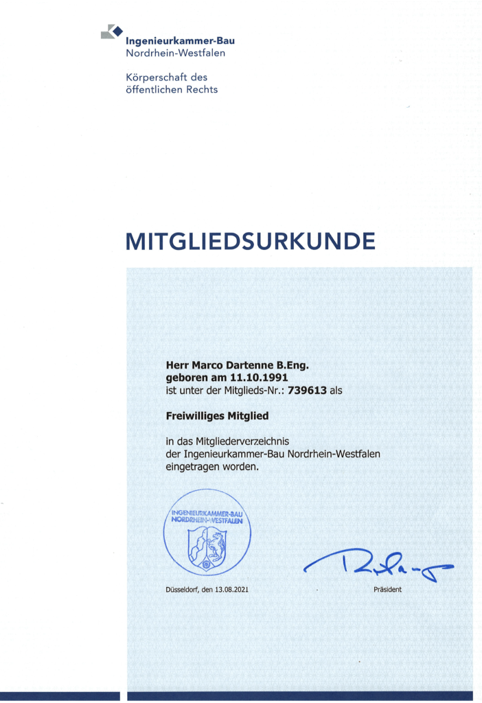 Mitgliedsurkunde Ingenieurkammer-Bau Nordrhein-Westfalen