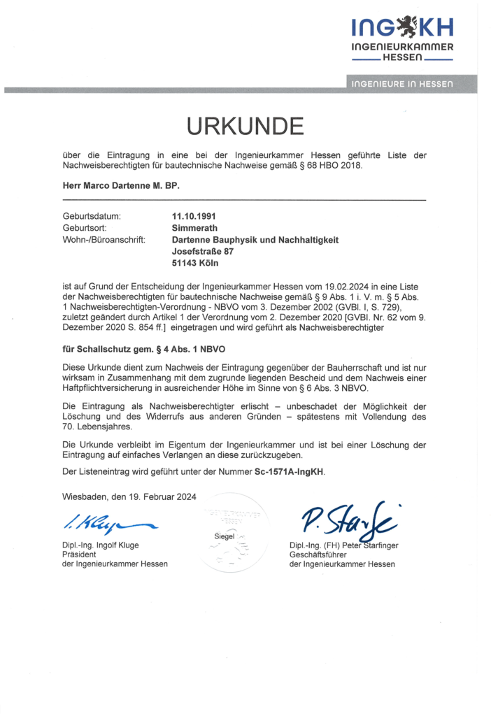 Urkunde Nachweis Schallschutz der Ingenieurkammer Hessen